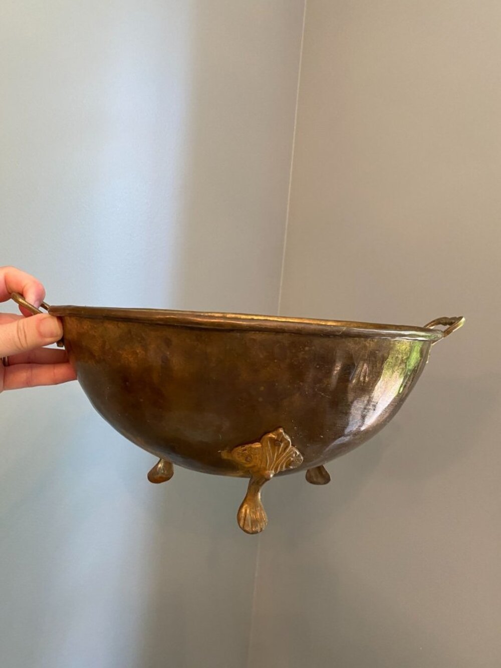 Antique French Brass Footed Bowl With Handles & Ornate Feet - 11" Diameter